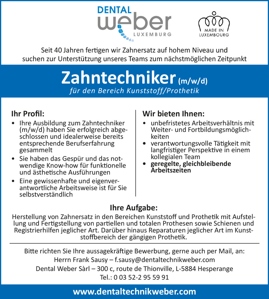 Dental Weber Luxemburg - Stellenanzeige - Zahntechniker (m/w/d)